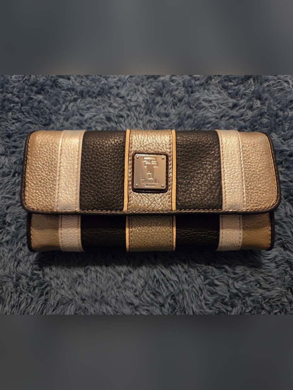 Tignanello Black and Metallic Leather Trifold Wallet